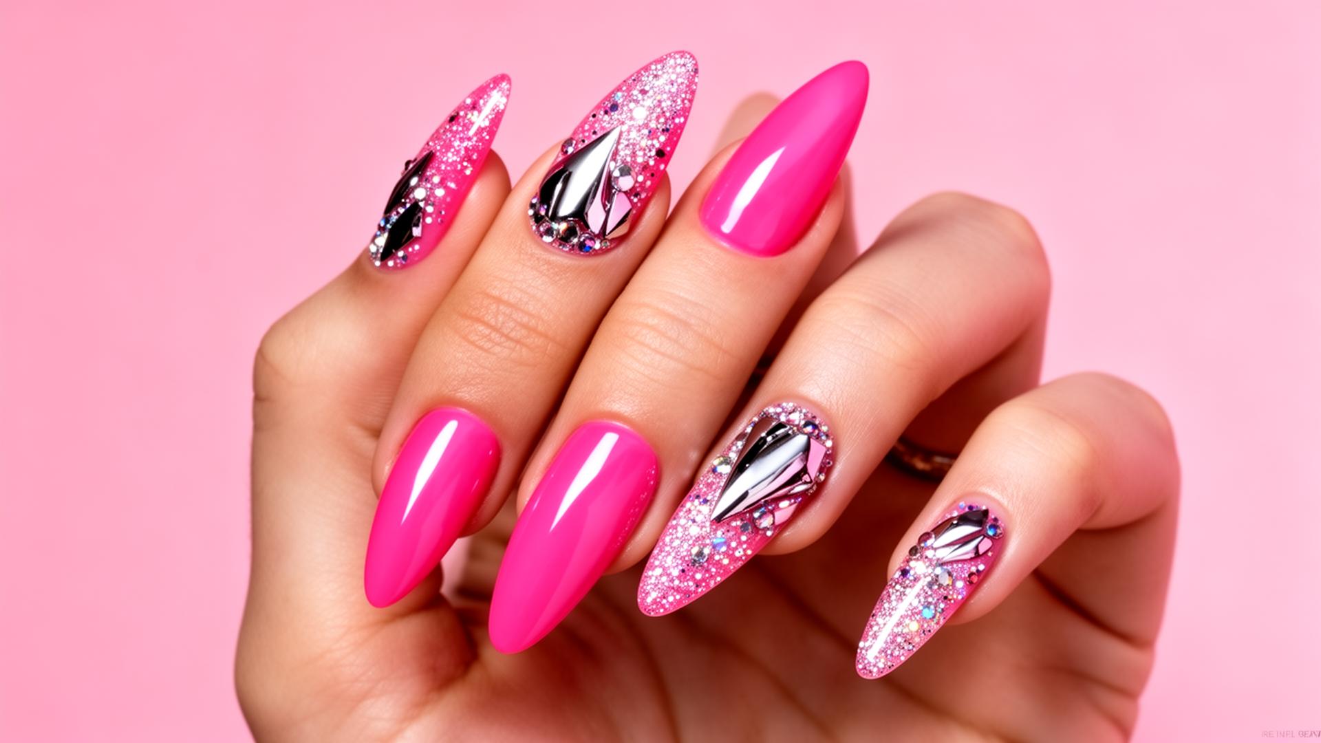 Glossy pink press-on nails with chrome accents